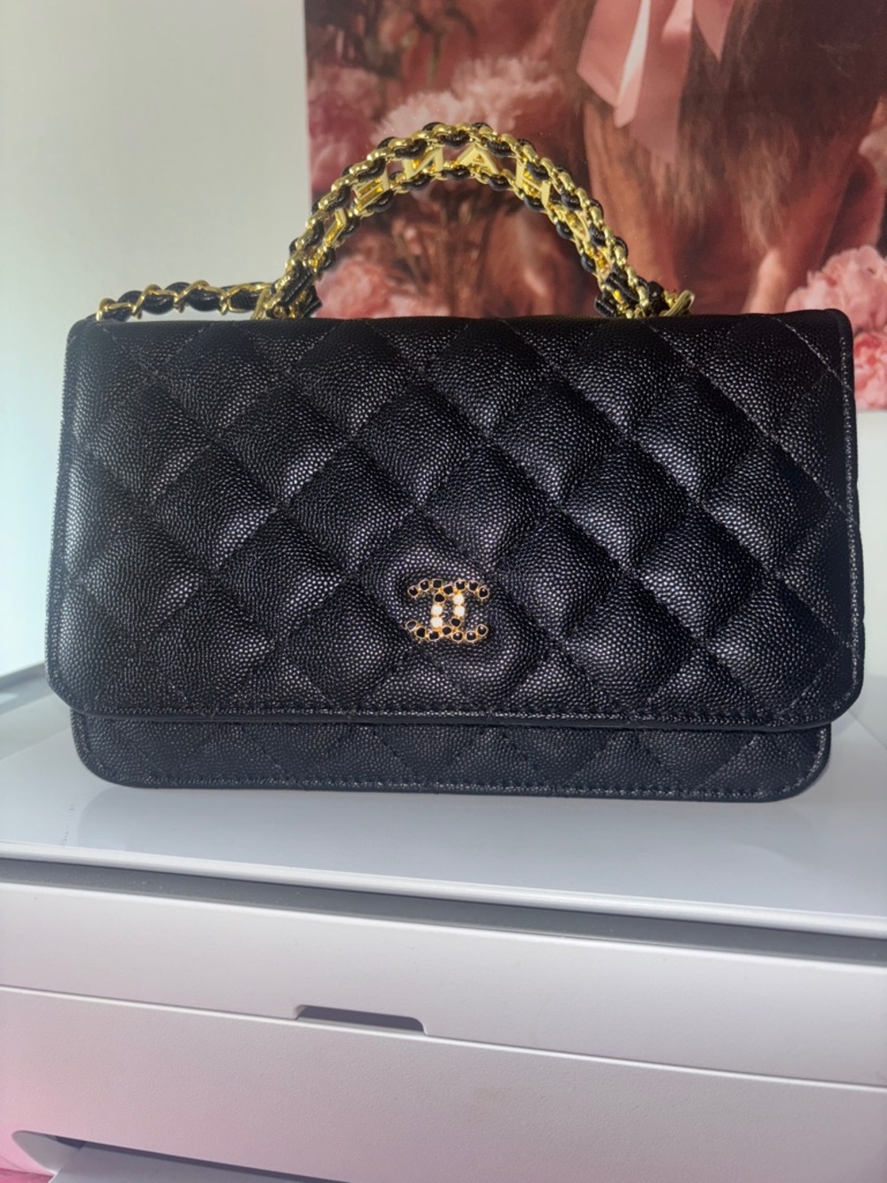 Black Quilted Shoulder Bag with Gold Chain Handle